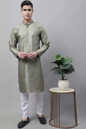 Men's Green Printed Silk Blend Kurta