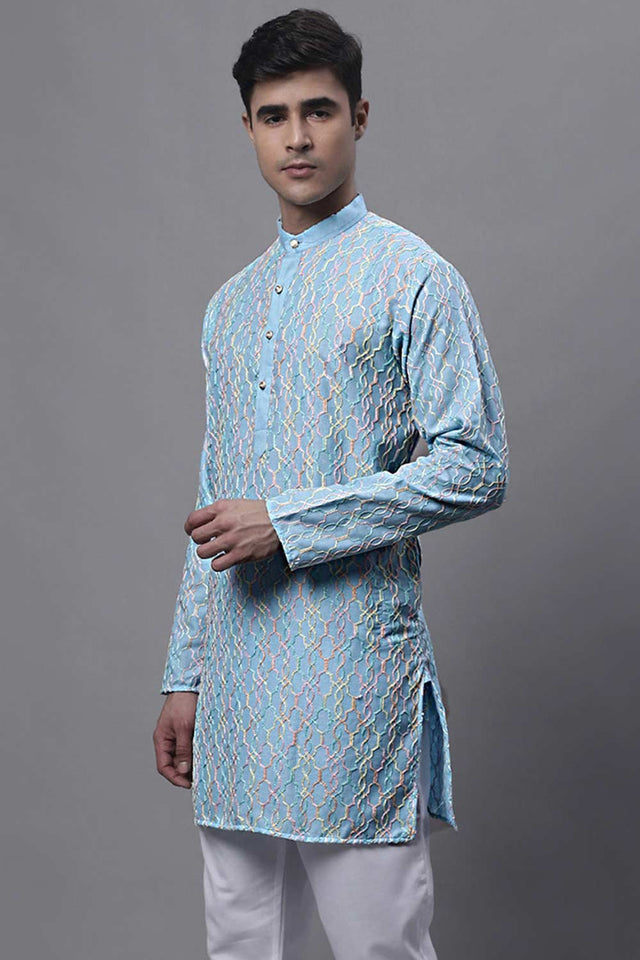 Men's Sky Blue And Multi Colored Embroidered Straight Kurta