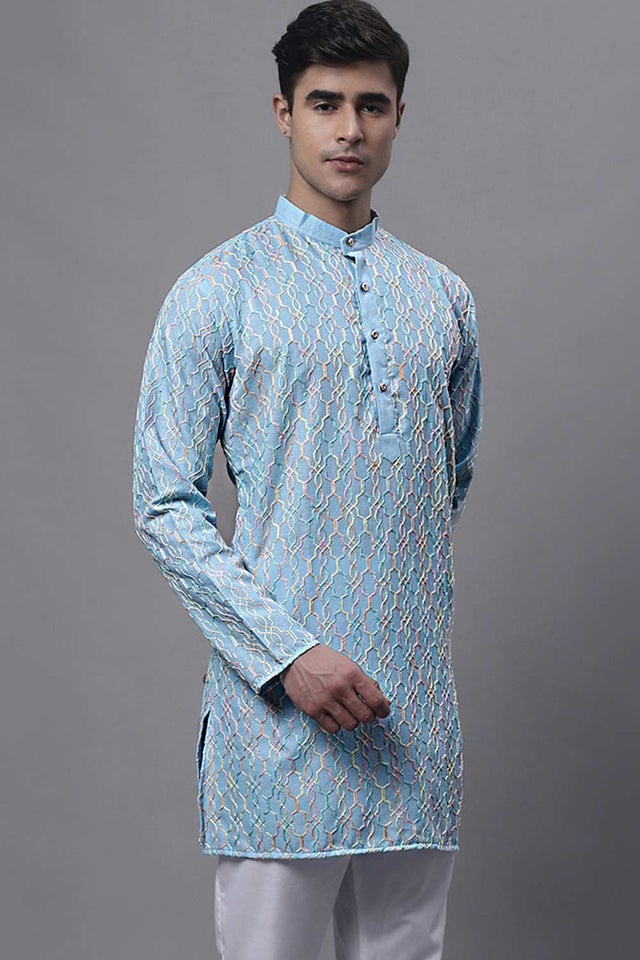 Men's Sky Blue And Multi Colored Embroidered Straight Kurta