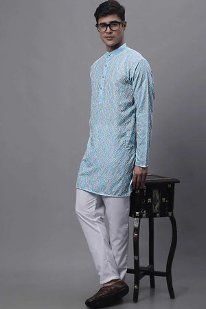Men's Sky Blue And Multi Colored Embroidered Straight Kurta