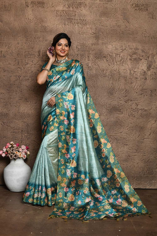 Teal Tussar Silk Weaving Saree