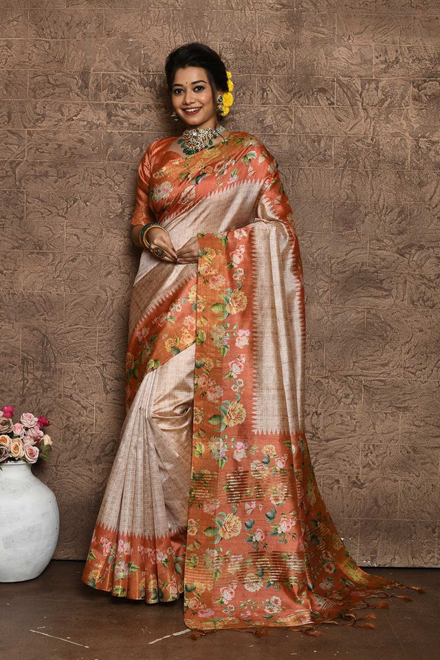 Orange Tussar Silk Weaving Saree