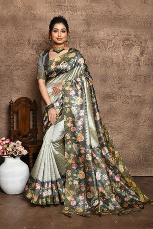 Grey Tussar Silk Weaving Saree