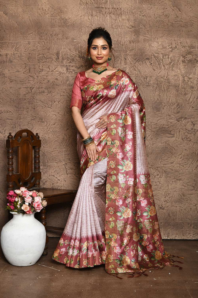 Pink Tussar Silk Weaving Saree