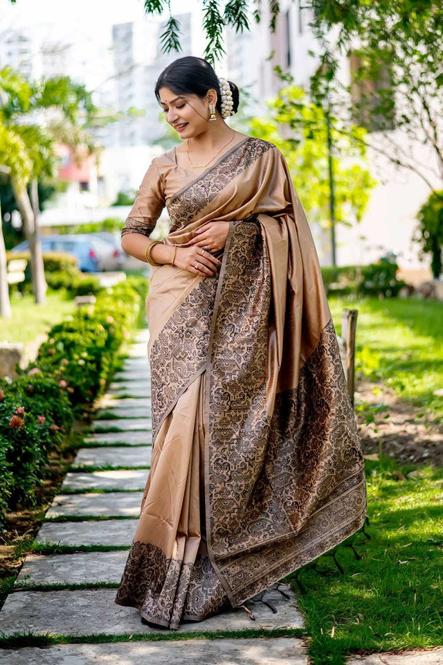 Brown Handloom Raw Silk Weaving Saree