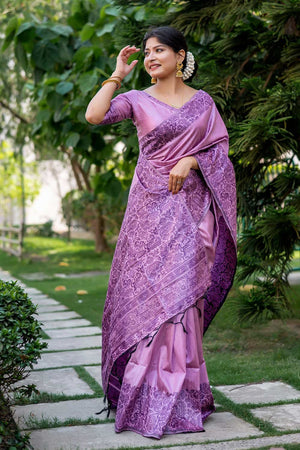 Violet Handloom Raw Silk Weaving Saree