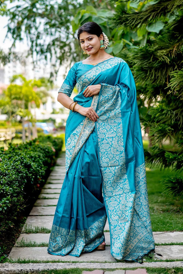 Teal Handloom Raw Silk Weaving Saree