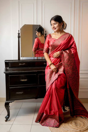 Red Handloom Raw Silk Weaving Saree