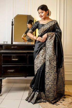 Black Handloom Raw Silk Weaving Saree