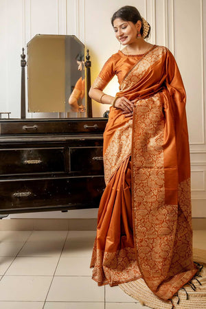 Orange Handloom Raw Silk Weaving Saree