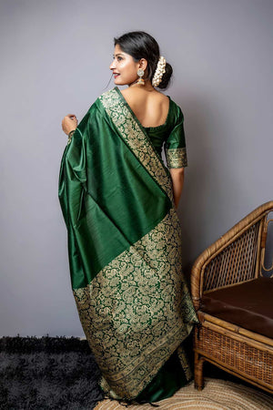 Green Handloom Raw Silk Weaving Saree