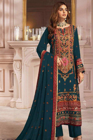 Teal Embroidered Georgette Pakistani Suit Set