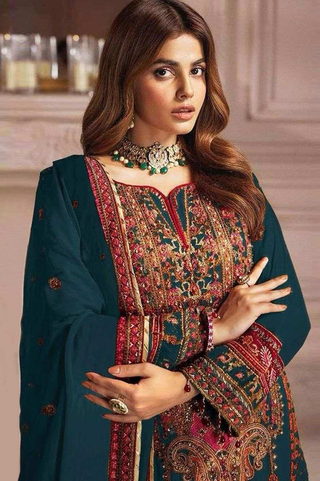 Teal Embroidered Georgette Pakistani Suit Set