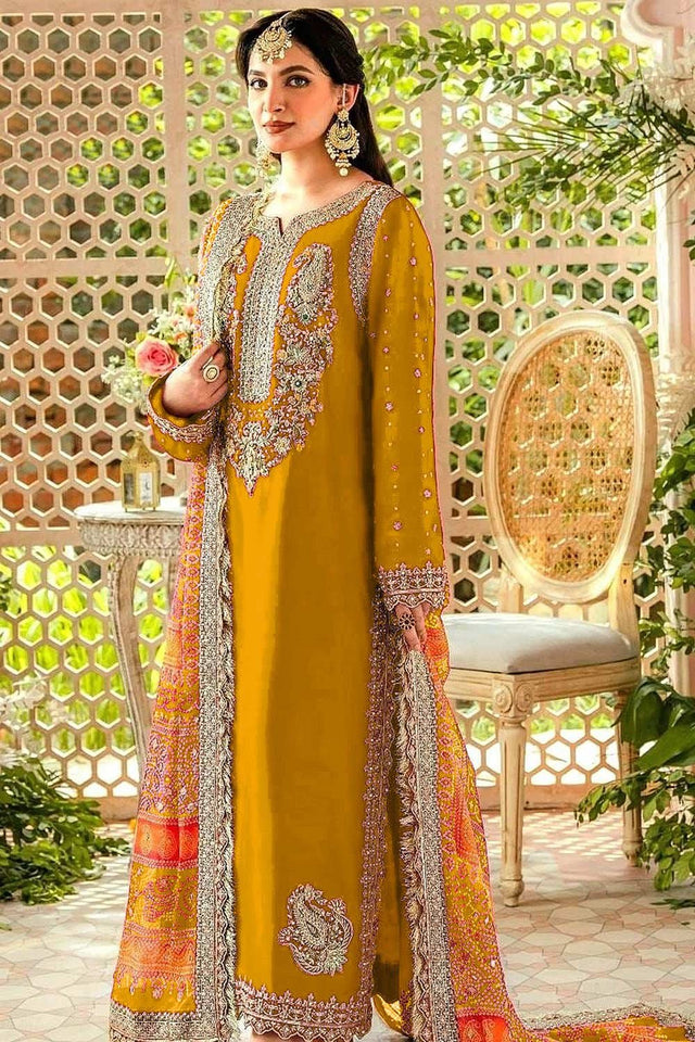 Yellow Embroidered Georgette Pakistani Suit Set
