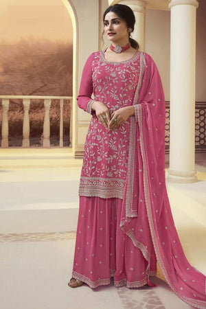 Pink Embroidered Chinon Palazzo Suit Set