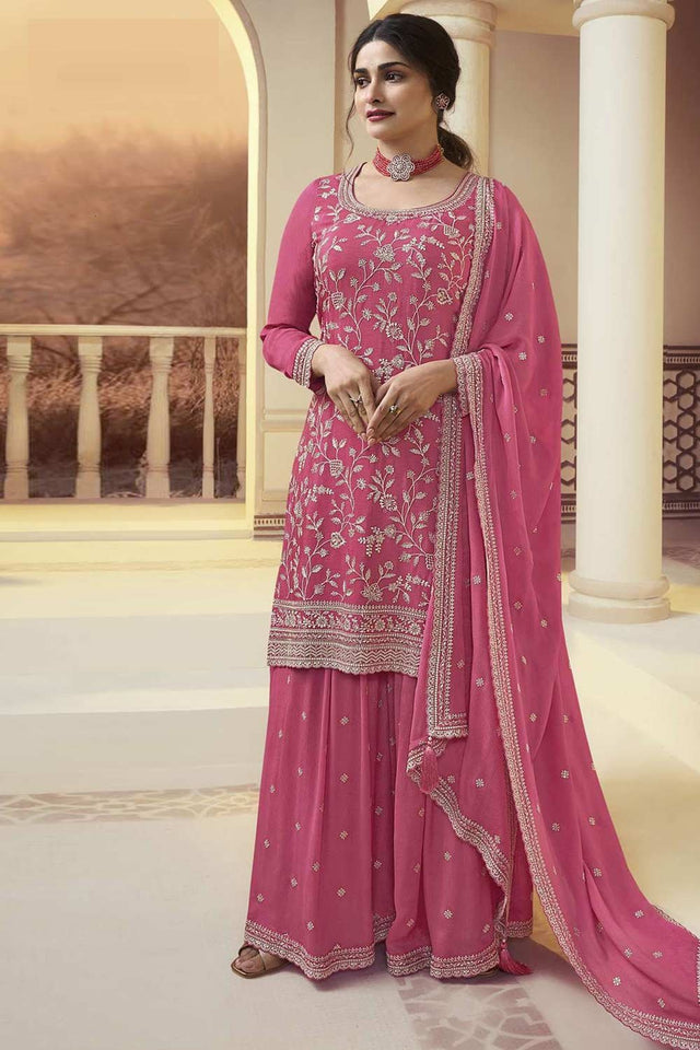 Pink Embroidered Chinon Palazzo Suit Set