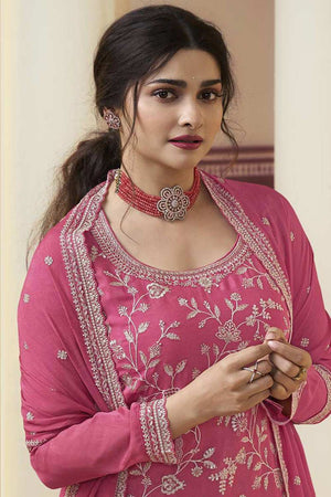 Pink Embroidered Chinon Palazzo Suit Set