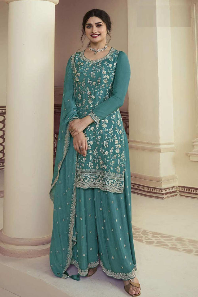 Sky Embroidered Chinon Palazzo Suit Set