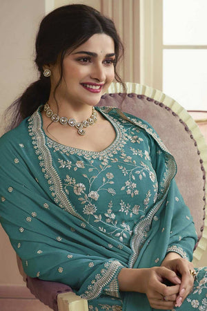 Sky Embroidered Chinon Palazzo Suit Set