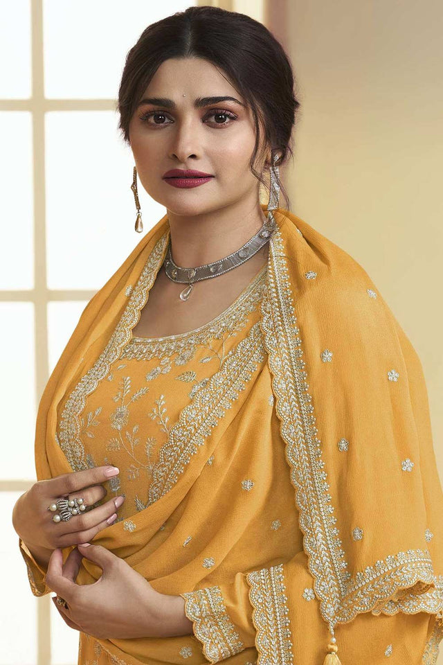 Yellow Embroidered Chinon Palazzo Suit Set