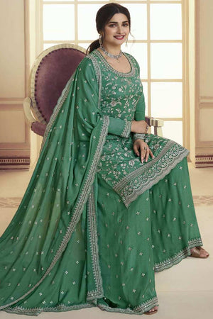 Green Embroidered Chinon Palazzo Suit Set