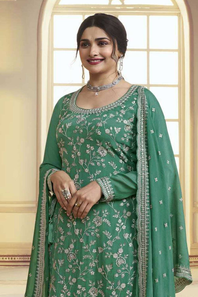 Green Embroidered Chinon Palazzo Suit Set