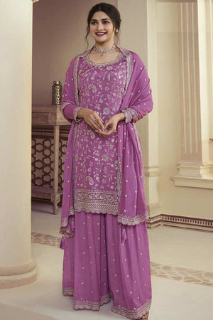 Purple Embroidered Chinon Palazzo Suit Set