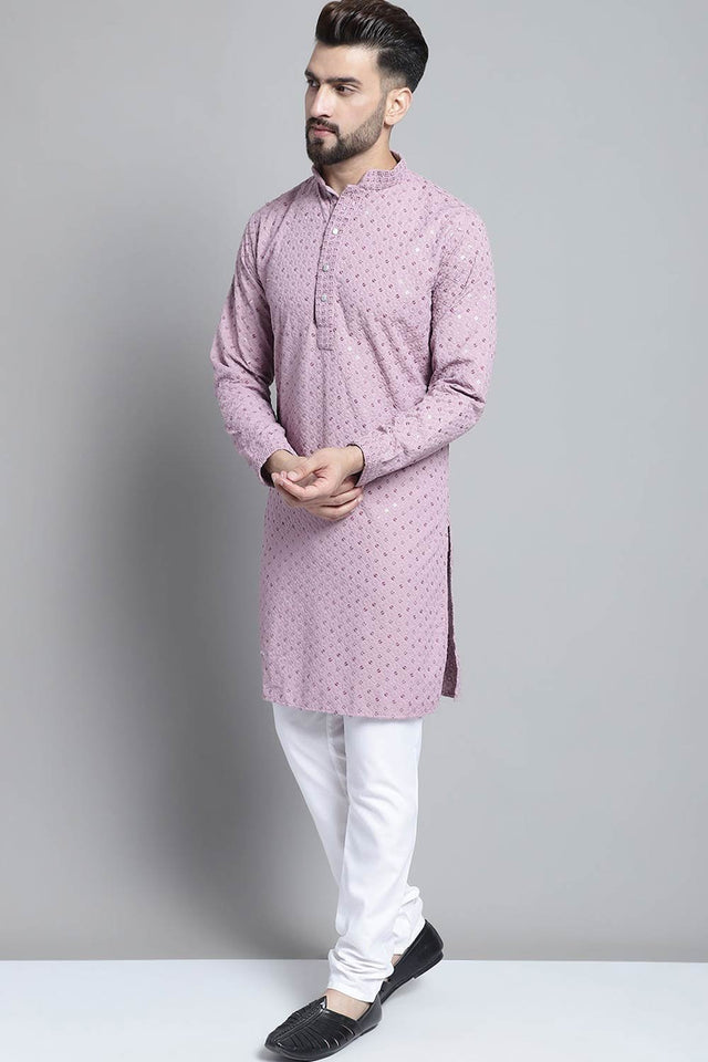 Men's Purple Sequin with Embroidered Kurta Set