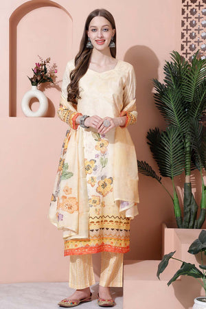 Yellow Cotton Digital Printed Kurti Pant Set