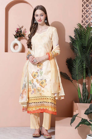 Yellow Cotton Digital Printed Kurti Pant Set