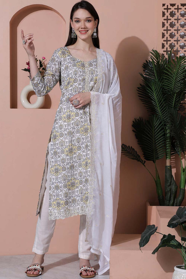 Off White Cotton Digital Printed Kurti Pant Set