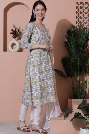 Off White Cotton Digital Printed Kurti Pant Set