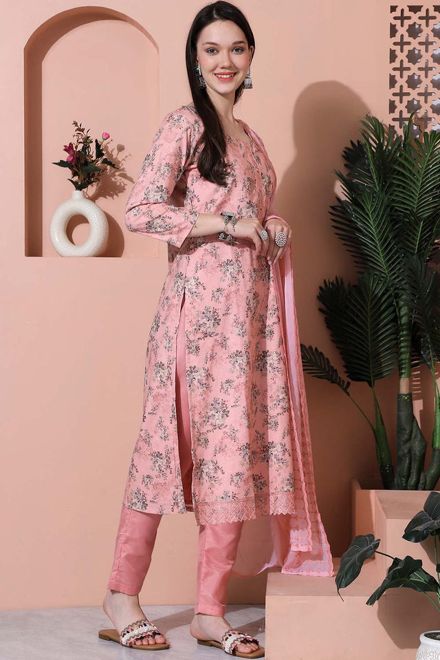 Pink Cotton Digital Printed Kurti Pant Set