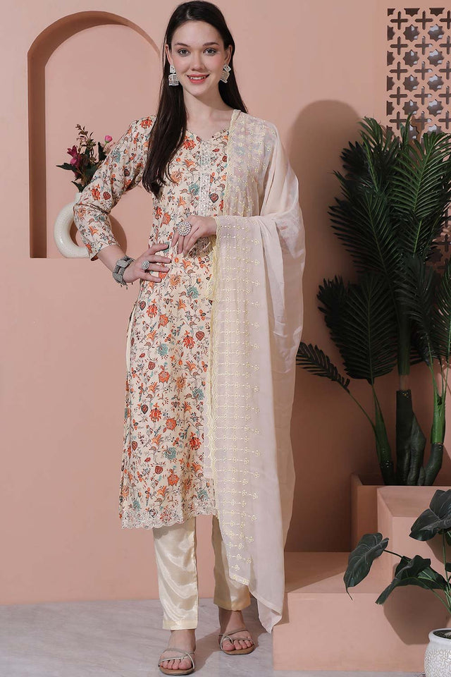 Beige Cotton Digital Printed Kurti Pant Set