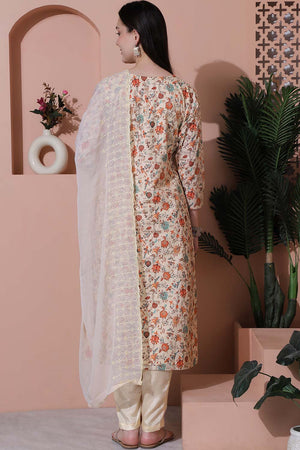 Beige Cotton Digital Printed Kurti Pant Set