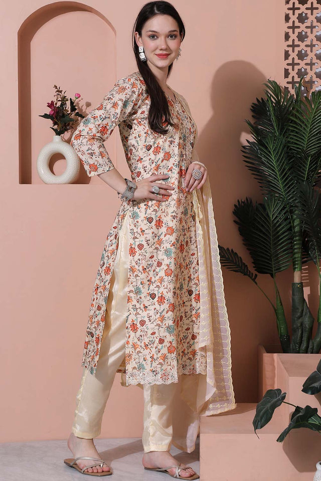 Beige Cotton Digital Printed Kurti Pant Set