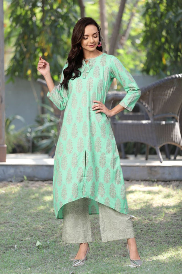 Sea Green Cotton Ethnic Motifs Kurti Set