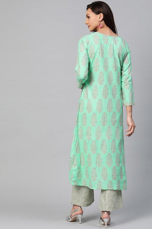 Sea Green Cotton Ethnic Motifs Kurti Set