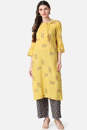 Yellow Cotton Ethnic Motifs Kurti Set