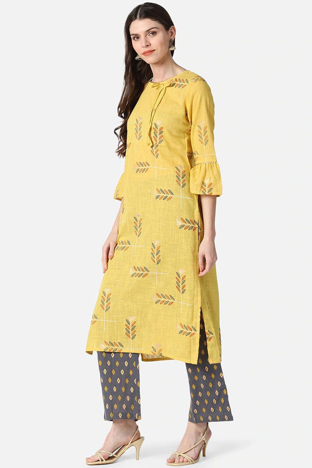 Yellow Cotton Ethnic Motifs Kurti Set