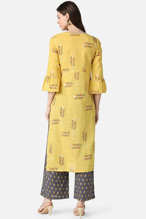 Yellow Cotton Ethnic Motifs Kurti Set