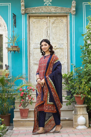 Blue And Red Printed Fancy Kurti And Palazzo Dupatta Set
