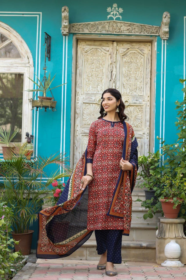 Blue And Red Printed Fancy Kurti And Palazzo Dupatta Set