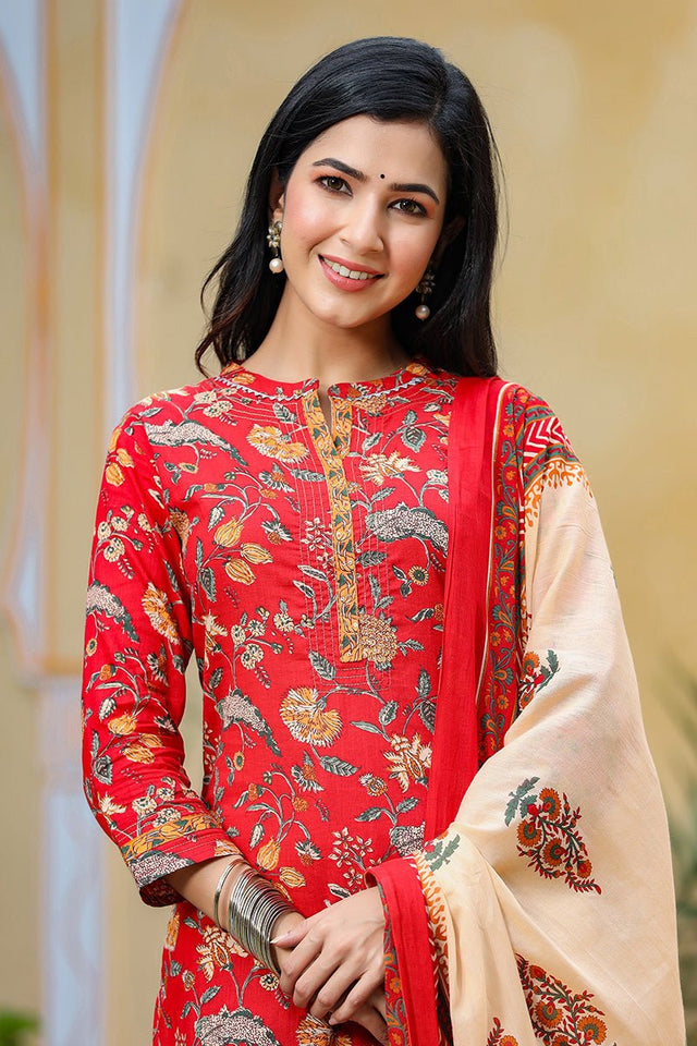 Red Color Cotton Fabric Printed Fancy Kurti And Palazzo Dupatta Set