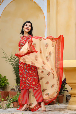 Red Color Cotton Fabric Printed Fancy Kurti And Palazzo Dupatta Set