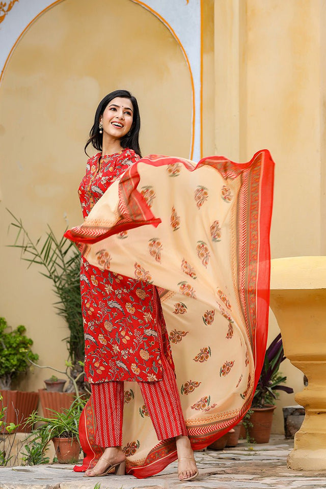 Red Color Cotton Fabric Printed Fancy Kurti And Palazzo Dupatta Set