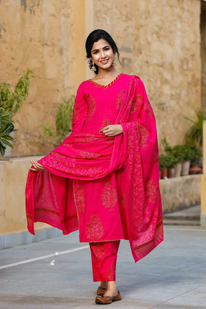 Pink Cotton Straight Suit Set