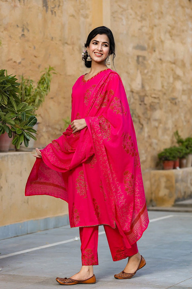 Pink Cotton Straight Suit Set