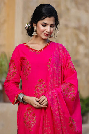 Pink Cotton Straight Suit Set