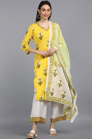 Cotton Yellow Ethnic Motifs Printed Straight Kurti Pant Dupatta Set